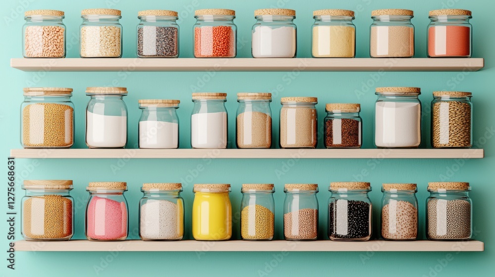 Organized Shelves with Clear Jars of Grains, Sugars, and Flour on a Colorful Background Organized Shelves with Clear Jars of Grains, Sugars, and Flour on a Colorful Background