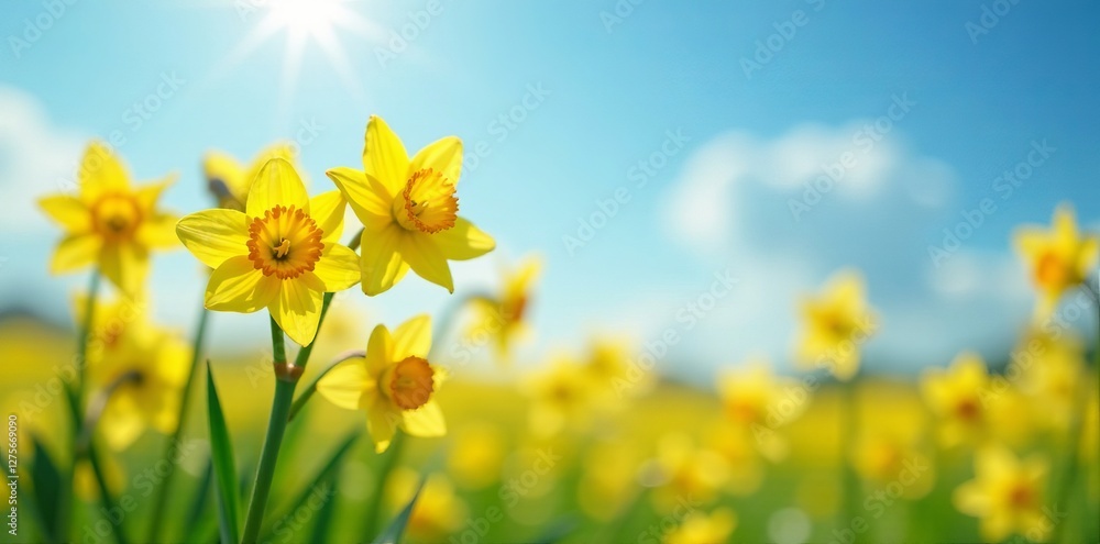 Fototapeta premium Close up of daisies and daffodils in a sunny field, springtime, wildflowers, flora