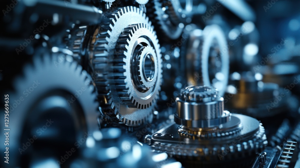 Close-Up View of Interlocking Steel Gears in a Mechanical System Highlighting Industrial Precision and Engineering Design Close-Up View of Interlocking Steel Gears in a Mechanical System Highlighting Industrial Precision and Engineering Design