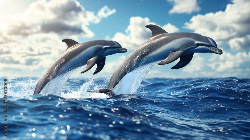 Fototapeta premium Two dolphins leaping out of the ocean under a bright blue sky with fluffy white clouds and sparkling waves