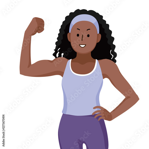 Healthy and Fitness concept - Cartoon people character illustration of a black woman showing her strong muscle with confident cheerful facial expression. bicep flex