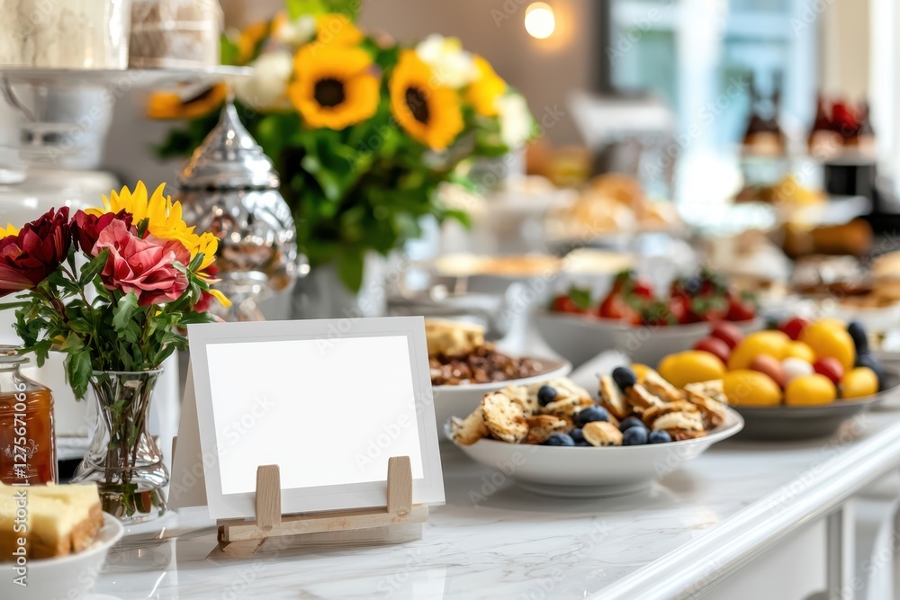 Fototapeta premium Elegant brunch buffet setup with bright natural light showcasing colorful fruit bowls, baked goods, and vibrant flower arrangements for event decoration or dining venue inspiration.
