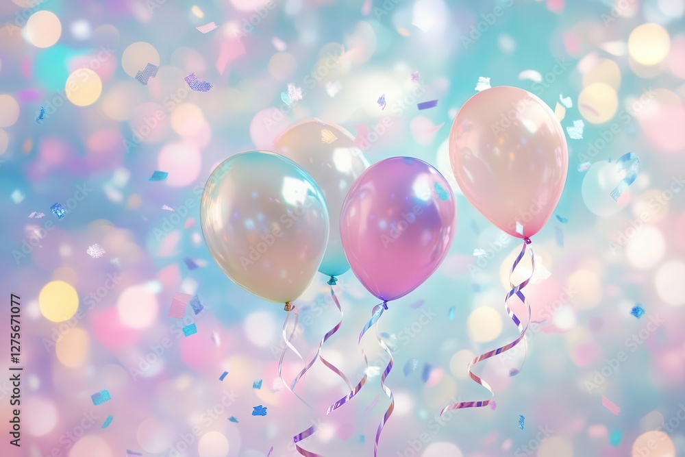 whimsical celebration scene with floating iridescent balloons scattered confetti and dynamic ribbon swirls in candycolored palette with dreamy bokeh effects whimsical celebration scene with floating iridescent balloons scattered confetti and dynamic ribbon swirls in candycolored palette with dreamy bokeh effects