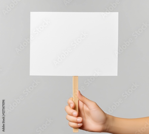 Hand holding blank protest sign against gray background for message or design placeholder in minimalist style with neutral tones for awareness or promotional purposes