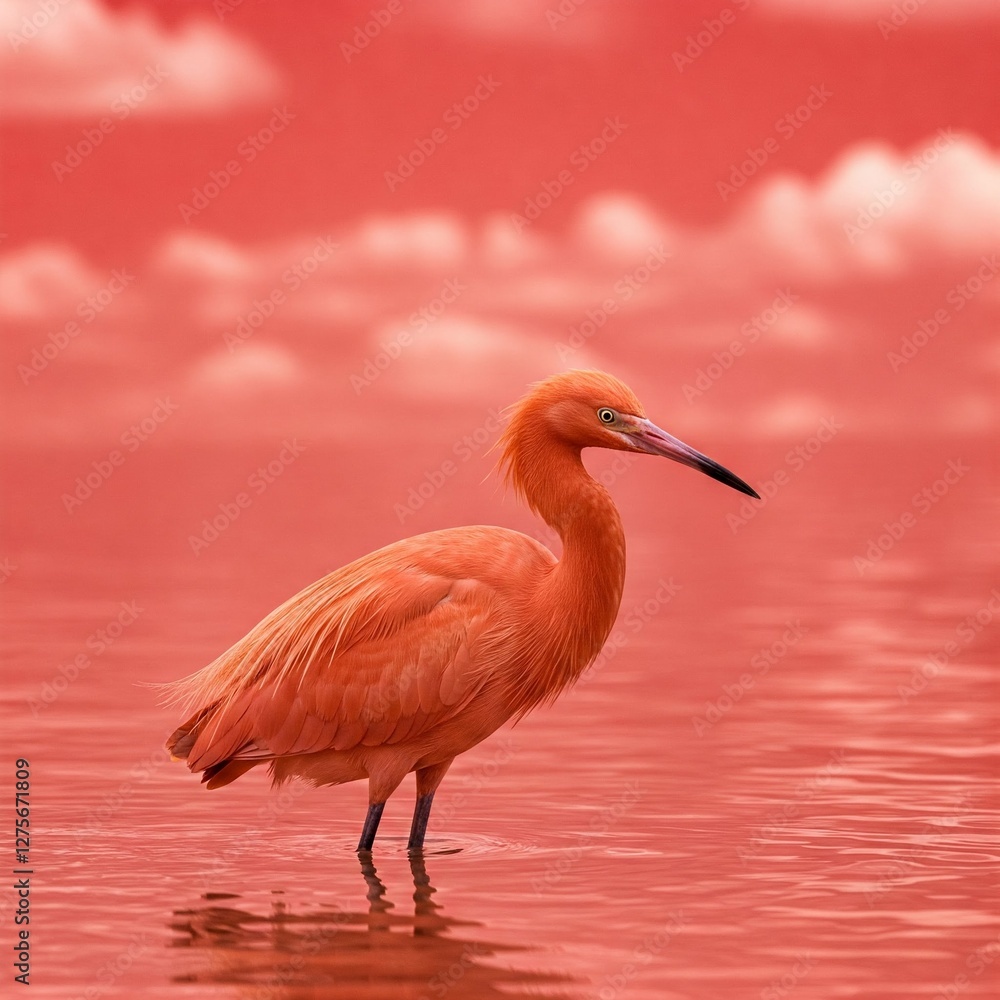 Fototapeta premium Radiant coral-red egret standing in shallow water, surreal red sky with delicate cotton clouds, slightly close-up