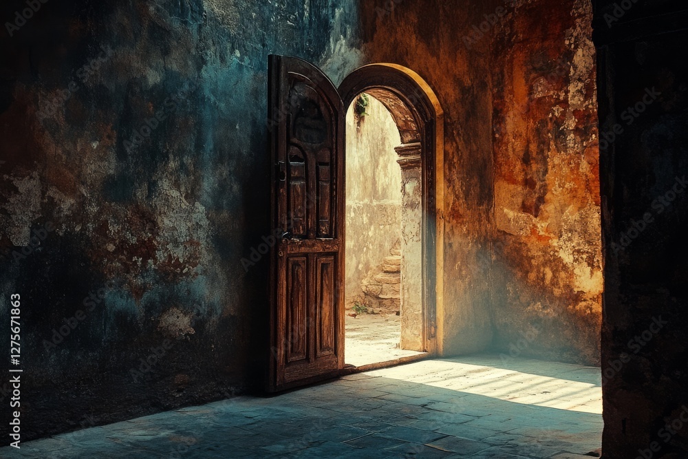 Obraz premium An ancient archway, brimming with rustic textures, opens to a sunlit path, creating a sense of mystery and history.