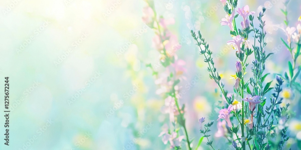Serene nature background with soft focus spring wildflowers and pastel colors for a calm relaxing design, ideal for a poster or card, evoking gentle natural beauty with a dreamy feel Serene nature background with soft focus spring wildflowers and pastel colors for a calm relaxing design, ideal for a poster or card, evoking gentle natural beauty with a dreamy feel