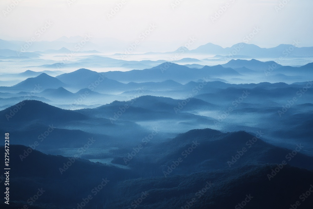 Endless rolling mountains blend into the horizon, covered in a veil of mist, creating a breathtaking and tranquil, mysterious vista. Endless rolling mountains blend into the horizon, covered in a veil of mist, creating a breathtaking and tranquil, mysterious vista.