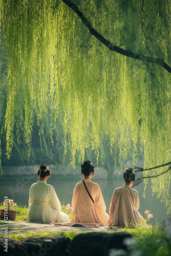 Family in traditional Tang and Han-style robes visiting ancestors' graves during Qingming Festival, with flowing silk garments contrasting the lush green landscape and willow trees Generative AI