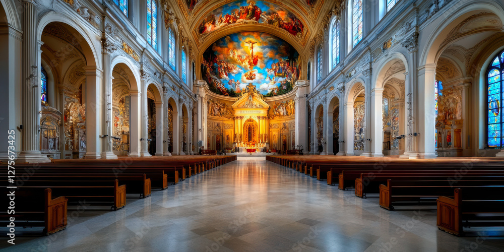 Obraz premium Step inside a breathtaking church, adorned with intricate details, colorful stained glass, and a grand altar, capturing the essence of tranquility and spiritual reverence.