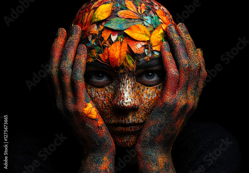 This striking portrait showcases the innovative fusion of body art and nature, with vibrant leaves and intricate patterns enhancing the subject's features against a stark black backdrop.