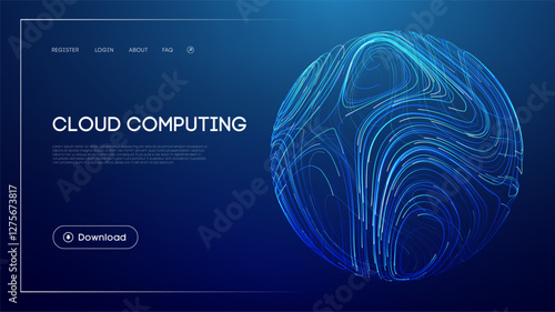 Cloud computing technology with abstract glowing sphere, futuristic blue background, digital data storage, network infrastructure, and modern UI design for innovation and online connectivity