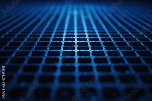 A mesmerizing grid pattern stretches infinitely in deep blue, creating an abstract sense of depth and modernity. photo