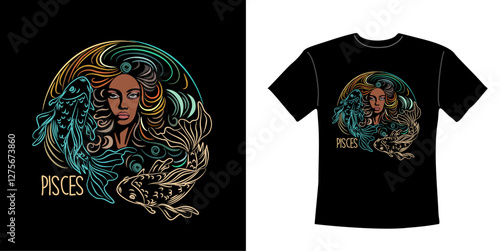 T-shirt design with Pisces zodiac sign. Pisces Zodiac symbol with beautiful girl hand drawn vector colorful illustration on black background. Astrological contemporary art, magic female character.
