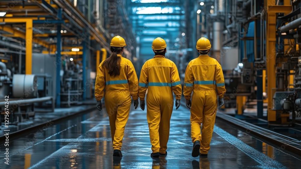 Workers in Yellow Overalls Walking in a Modern Factory Environment with High-Tech Manufacturing Equipment Surrounded by Pipes and Machinery Workers in Yellow Overalls Walking in a Modern Factory Environment with High-Tech Manufacturing Equipment Surrounded by Pipes and Machinery
