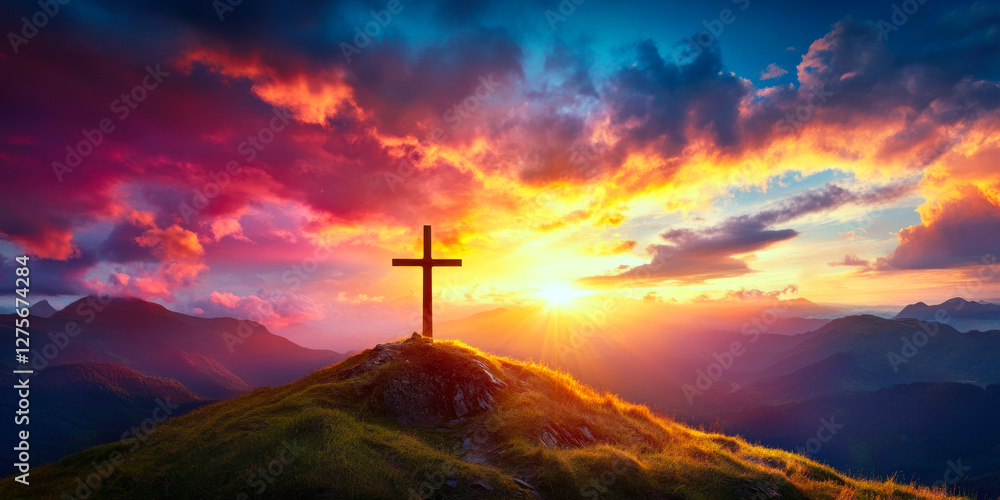 Fototapeta premium A solitary cross atop a serene hill, illuminated by a breathtaking sunset, symbolizes faith, reflection, and the beauty of nature.