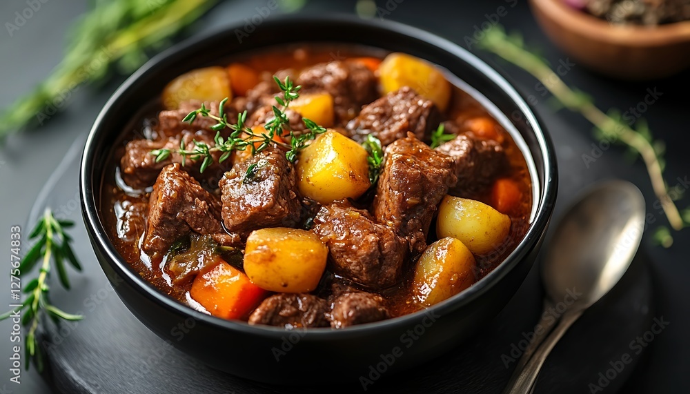 Hearty Beef Stew in Bowl, herbs, dark background Hearty Beef Stew in Bowl, herbs, dark background