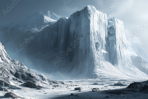 Wallpaper Mural A colossal icy cliff face dominates a desolate, snow-covered landscape, hinting at ancient structures or carvings. Torontodigital.ca