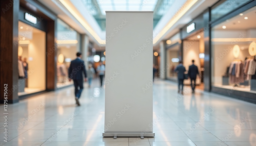 An empty roll-up banner in the space of a shopping mall An empty roll-up banner in the space of a shopping mall