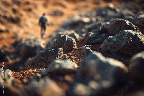 A lone figure traverses rocky terrain, a testament to the quiet solitude and exploration of rugged, untamed landscapes. photo