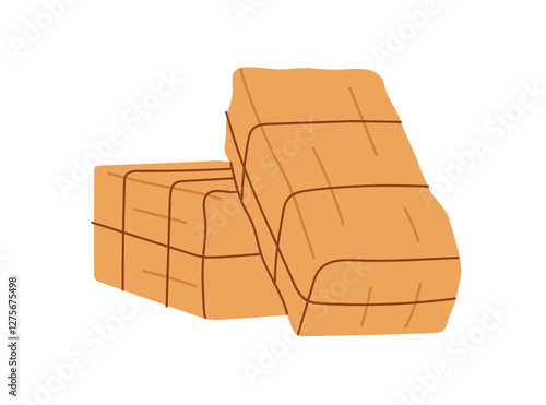 Hay bale, stack tied with twine. Compressed dried grass for farm feed, bedding, agriculture. Golden straw, haystack squeezed in rectangle shapes. Flat vector illustration isolated on white background