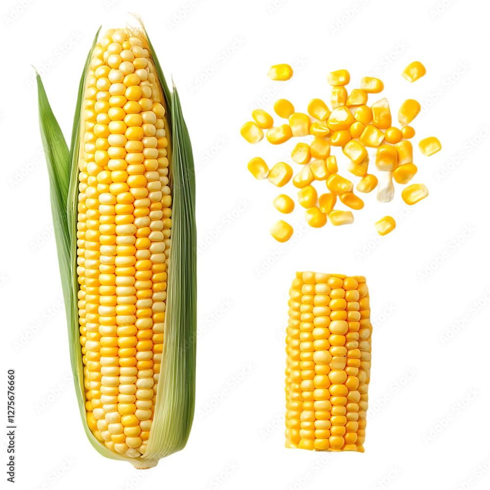 Obraz premium Sweetcorn: Whole, Kernels & Cut isolated on transparent background