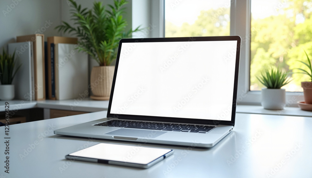 custom made wallpaper toronto digital A mockup featuring a laptop with a blank screen, a business card, and additional stationery, perfect for branding presentations.