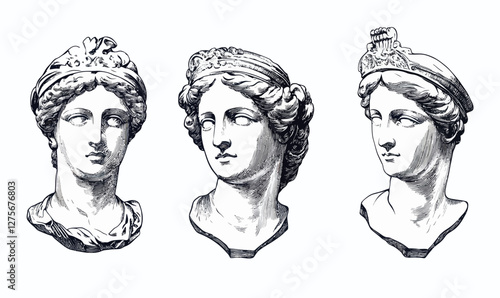 Antique Greek Statue Heads in Engraving Style Vector Pack for Historical Art Projects