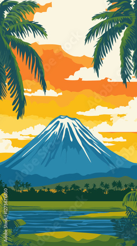 Art Deco Poster of Mayon Volcano at Sunset in Bicol Region Philippines
