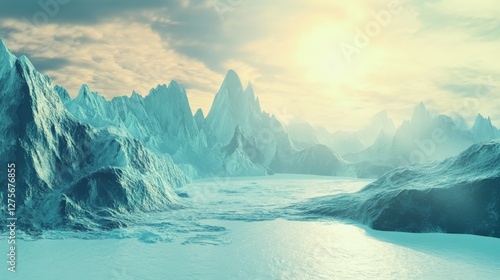 Wallpaper Mural Awe-inspiring Frozen Mountain Range Landscape.  A breathtaking vista of icy peaks and a serene glacial valley.  A stunning winter wonderland scene. Torontodigital.ca