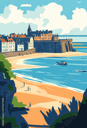 Retro Saint-Malo Bretagne Landscape Vector Art Coastal French Tourism Poster