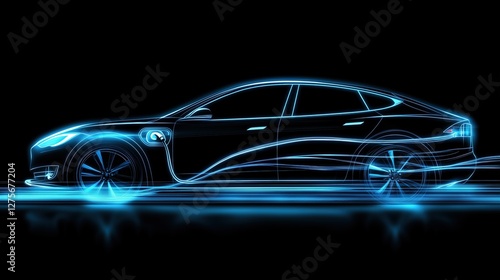 Futuristic neon outline of electric car in blue on black background. Innovation, electric vehicle technology