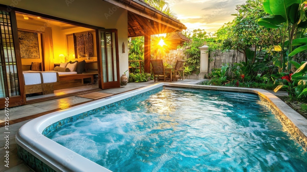 custom made wallpaper toronto digitalSunset Spa Pool Surrounded by Lush Greenery