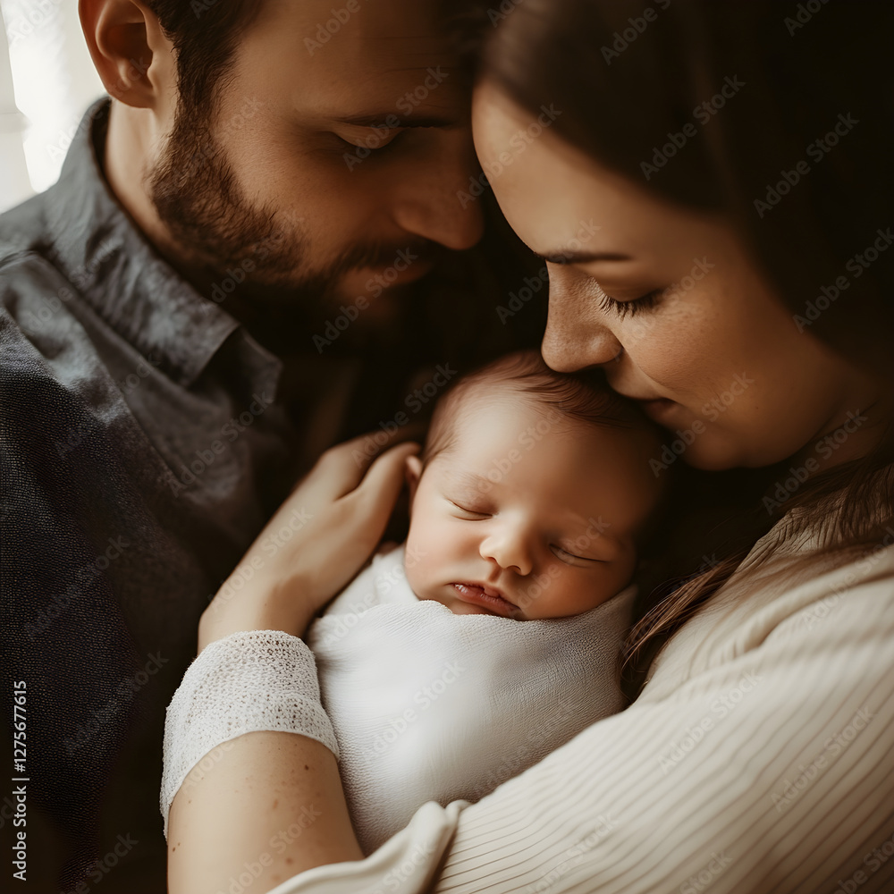 Young parents cuddling newborn baby wrapped in blanket Young parents cuddling newborn baby wrapped in blanket