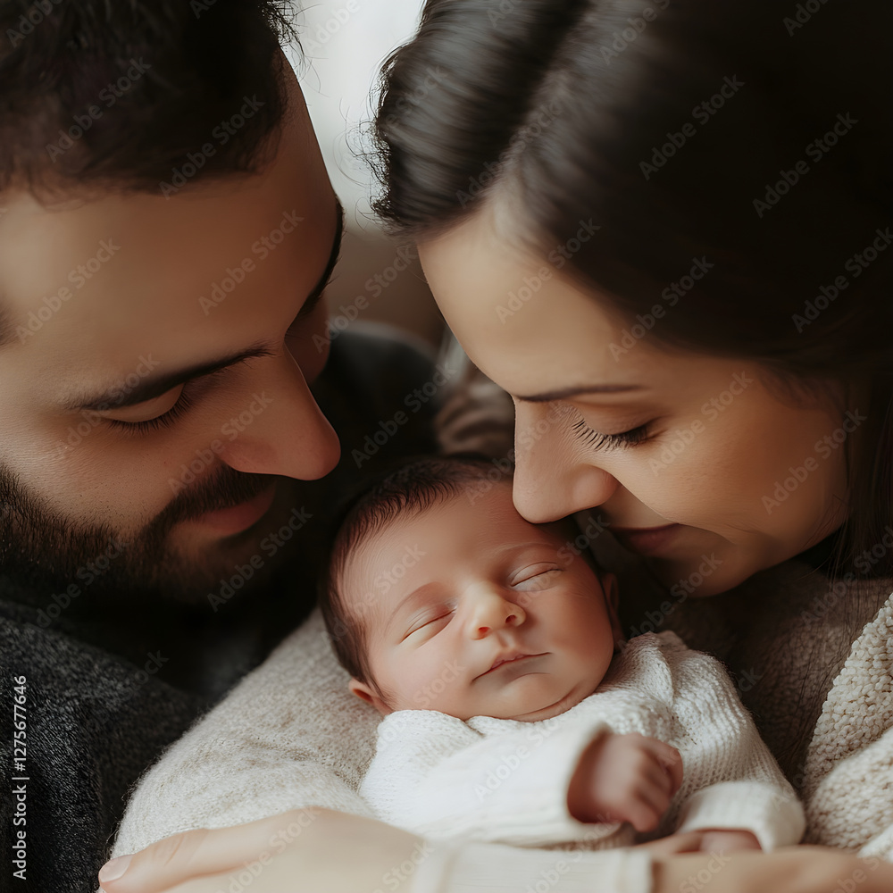 Happy parents cuddling their newborn baby at home Happy parents cuddling their newborn baby at home