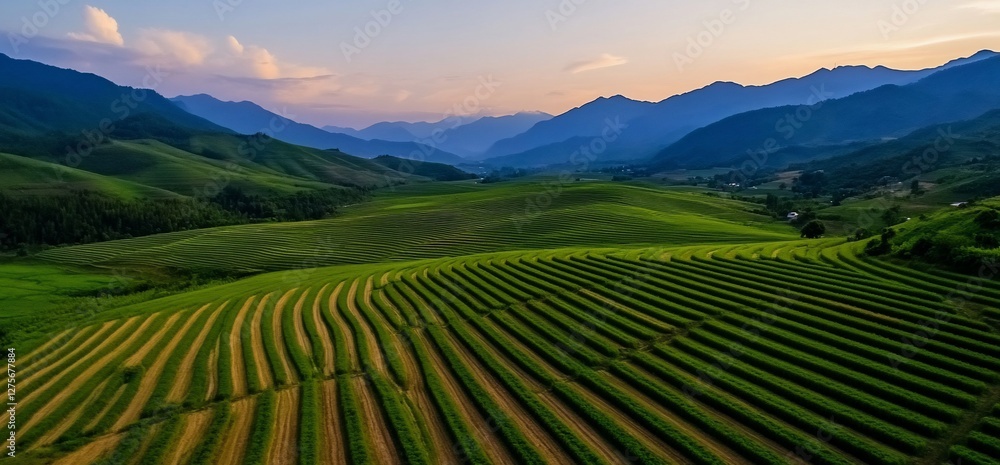 Breathtaking aerial view of lush green rice terraces and mountains landscape Breathtaking aerial view of lush green rice terraces and mountains landscape