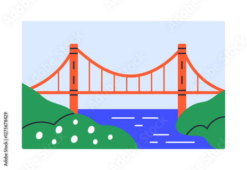 Golden Gate Bridge landscape. American landmark in San Francisco, suspension architecture over water bay. Famous travel attraction in SF, USA symbol. Sightseeing card. Flat vector illustration