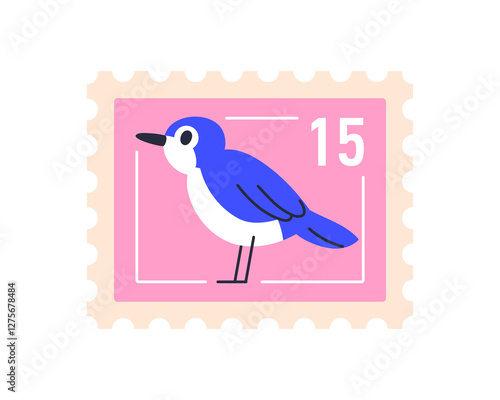 Post stamp design with bird. Postal mark, mail card with fauna, exotic animal...