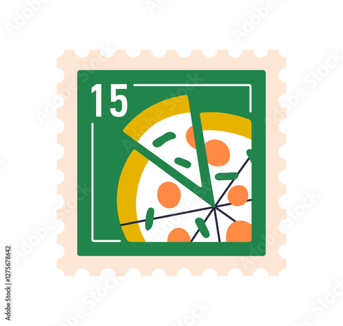 Post stamp with pizza. Italian cuisine, postal letter mark. Italy food, gastronomy tourism, philately card, travel postage souvenir. Flat vector illustration isolated on white background