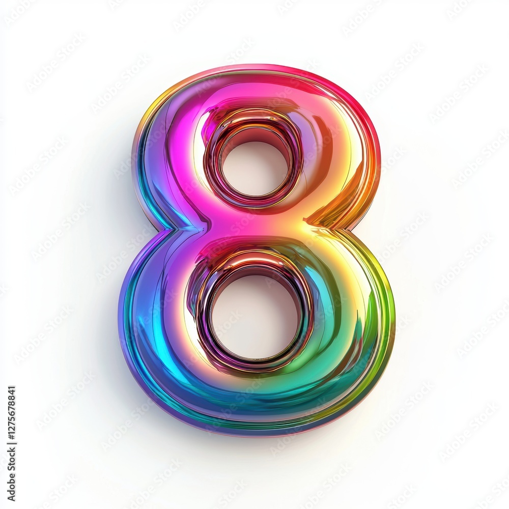 Number 8 made of smooth rainbow-colored gradients with a glossy finish isolated on a clean white background Number 8 made of smooth rainbow-colored gradients with a glossy finish isolated on a clean white background