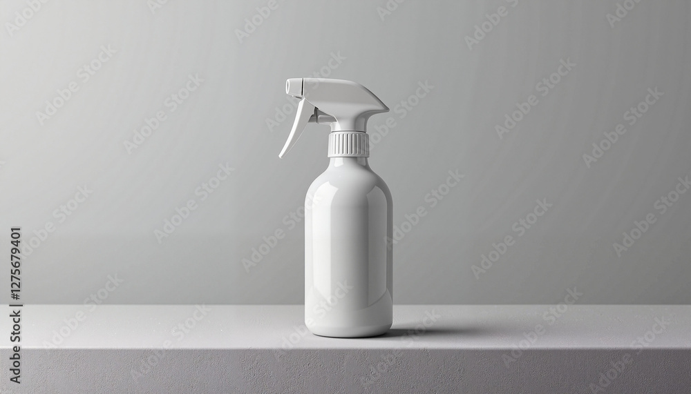 A glossy white spray bottle mockup displayed on a smooth, neutral gray surface. Perfect for presenting branding concepts for cosmetics, skincare, or eco-friendly cleaning products. A glossy white spray bottle mockup displayed on a smooth, neutral gray surface. Perfect for presenting branding concepts for cosmetics, skincare, or eco-friendly cleaning products.
