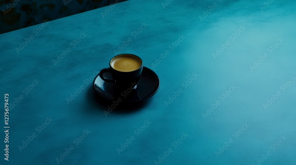 Elegant Espresso in a Stylish Black Cup on a Blue Surface. Perfect for a Quick Morning Coffee Break. Elegant Espresso in a Stylish Black Cup on a Blue Surface. Perfect for a Quick Morning Coffee Break.
