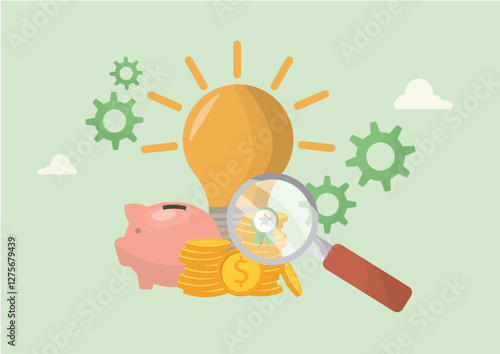 Energy Cost Savings and Financial Analysis. energy savings with piggy bank, coins, magnifying glass, lightbulb, and gears. financial efficiency research. Flat style. Green energy. Vector illustration.