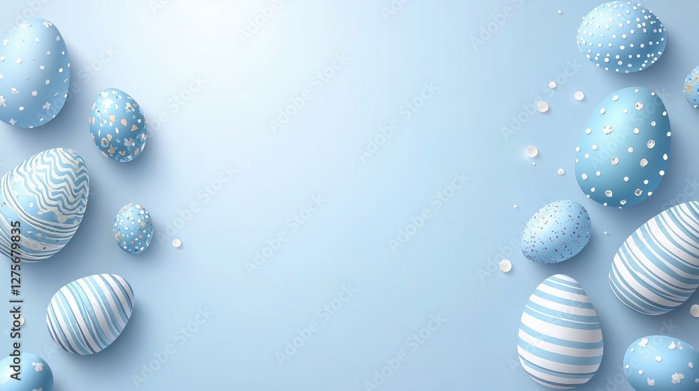 Fototapeta premium Scattered blue Easter eggs with patterns and copy space on pastel background. Holiday design and spring celebration