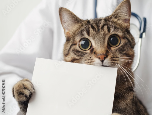 Close-up of a cute cat holding a blank paper board with paws, expressive eyes, white background, space for text or advertisement photo