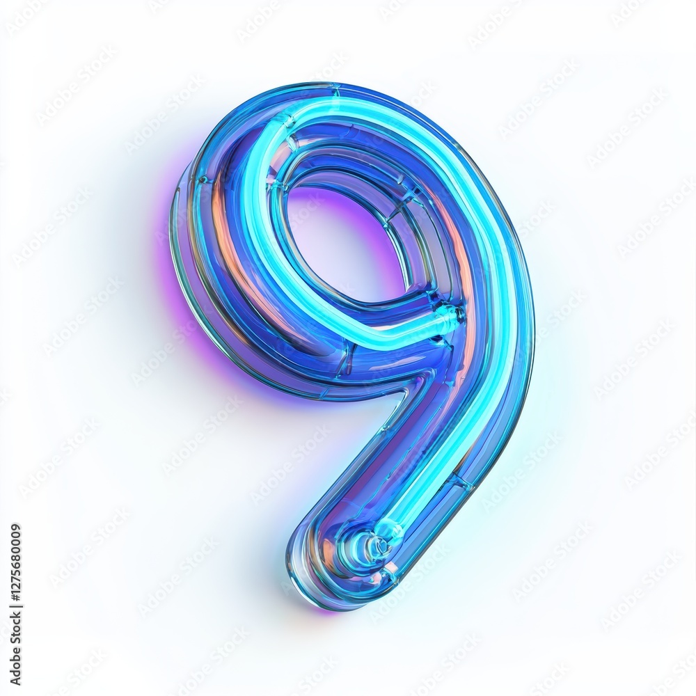 Number 9 made of glowing neon tubes with a vibrant blue hue isolated on a clean white background Number 9 made of glowing neon tubes with a vibrant blue hue isolated on a clean white background