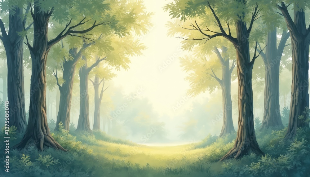 Naklejka premium Artistic nature background with pastel colors. Forest with trees, open space, sun light. Generative AI illustration in anime style, manga for wallpaper or spring design.