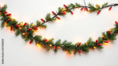 Christmas lights garland border arranged neatly on a white background creating a festive and bright flat lay composition, white background, twinkling photo