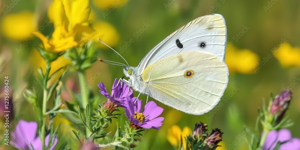 Naklejka premium A butterfly resting on a vibrant wildflower in an open meadow
