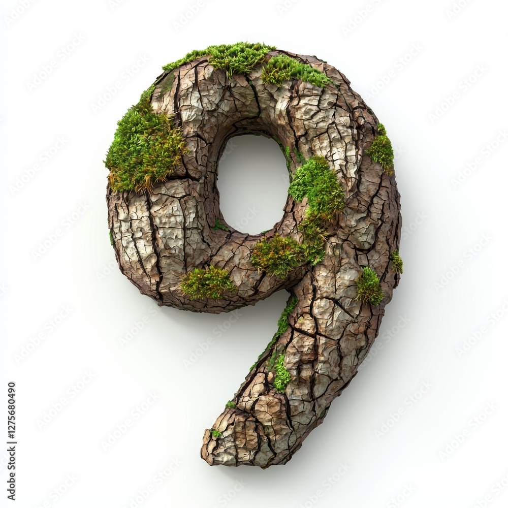 Number 9 made of rough tree bark with mossy patches and cracks isolated on a clean white background Number 9 made of rough tree bark with mossy patches and cracks isolated on a clean white background